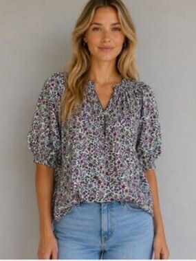 J.Crew NWT Printed Floral Puff Sleeve Split Neck Cotton Top Blouse M